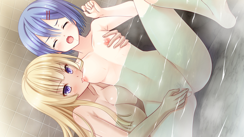 2girls areolae blonde_hair blue_hair blush breast_sucking breasts censored eyes_closed fingering game_cg highres large_breasts legs long_hair multiple_girls navel nipples nude ojou-sama_wa_katai_no_ga_osuki!_shinsei_naru_joshiryou_nikki open_mouth partially_submerged pazma pubic_hair purple_eyes pussy saliva satofuji_masato short_hair sitting spread_legs thighs water yuri