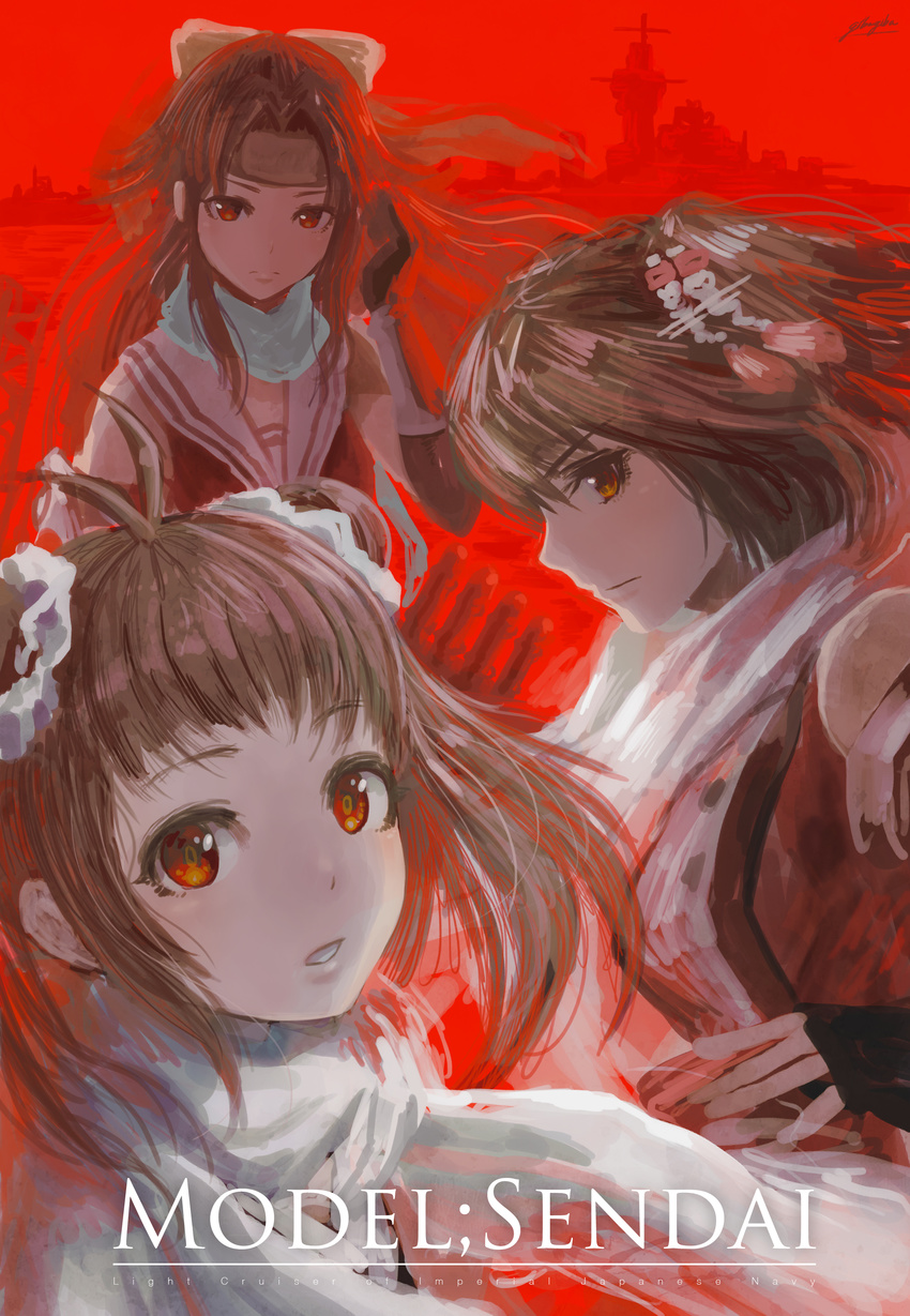absurdres antenna_hair bad_id bad_pixiv_id brown_eyes brown_hair double_bun from_side gibagiba hair_ornament headband highres jintsuu_(kantai_collection) kantai_collection long_hair looking_at_viewer multiple_girls naka_(kantai_collection) red_background remodel_(kantai_collection) scarf sendai_(kantai_collection) short_hair signature sketch