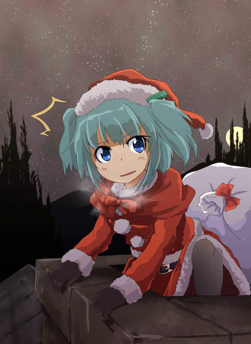 1girl absurdres aqua_hair belt black_gloves black_legwear blue_eyes blue_hair blush bow bowtie breath buttons capelet chimney christmas dress fang forest full_moon gloves hair_ornament hat hayate-s highres kawashiro_nitori long_sleeves moon mountain nature night night_sky nose_blush open_mouth pantyhose pom_pom_(clothes) red_dress ribbon rooftop sack santa_costume santa_hat short_hair sky solo star_(sky) starry_sky surprised sweatdrop touhou tree two_side_up