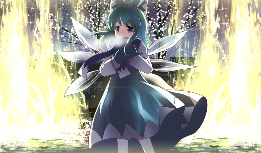 blue_eyes blue_hair bow cirno hair_bow hair_ribbon highres ice ice_wings long_hair looking_at_viewer mittens ribbon risutaru scarf solo touhou wings winter