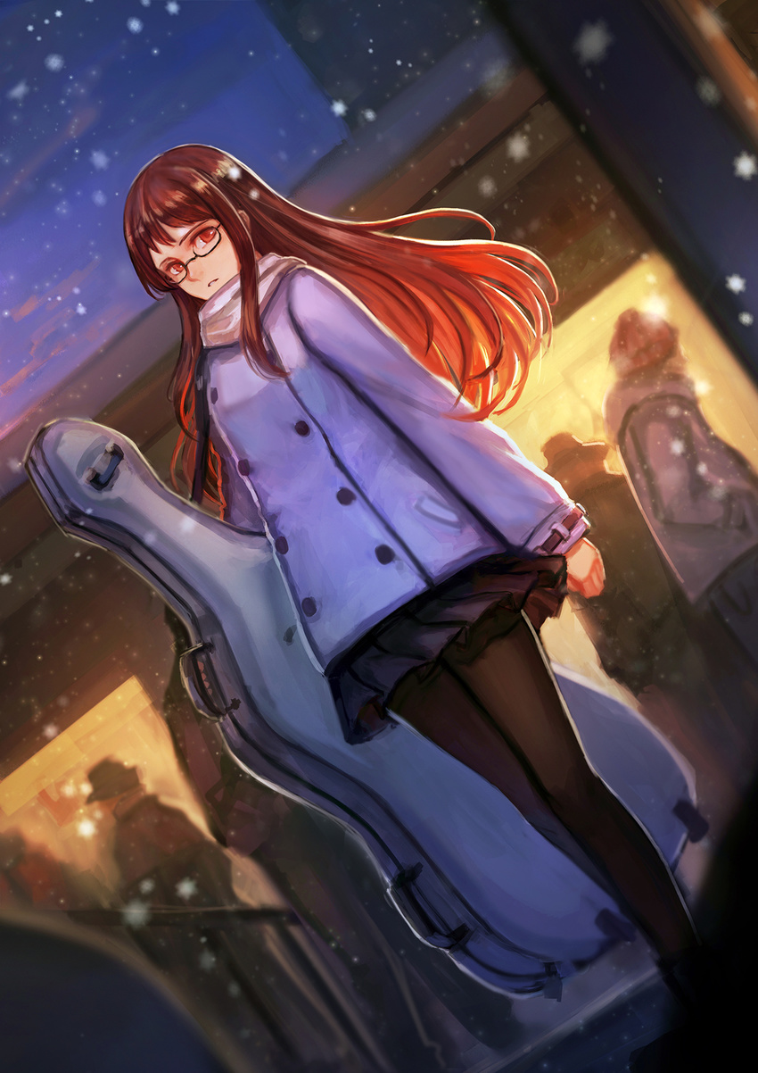 black-framed_eyewear black_legwear brown_hair bryanth coat dutch_angle glasses highres instrument_case li_shuhua long_hair pantyhose quartett! red_eyes scarf semi-rimless_eyewear skirt snowing solo_focus standing under-rim_eyewear winter_clothes winter_coat