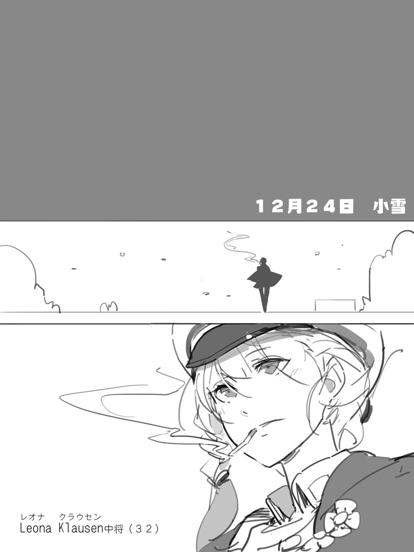 cigarette comic dated female_admiral_(kantai_collection) greyscale hat highres kantai_collection monochrome sakura_sora smoking translated