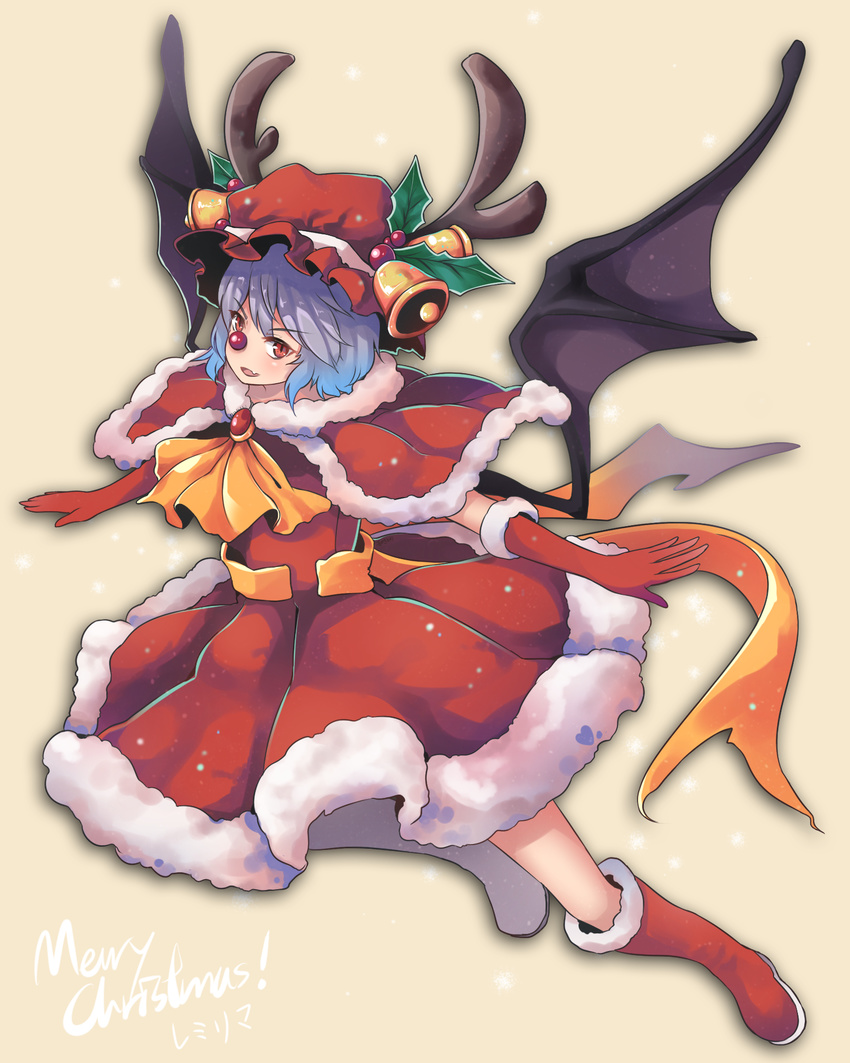 alternate_costume antlers ascot bat_wings bell blue_hair boots brooch christmas elbow_gloves fuente fur_trim gloves hat highres holly jewelry knee_boots merry_christmas mob_cap open_mouth red_eyes red_footwear red_gloves red_nose reindeer_antlers remilia_scarlet ribbon santa_boots santa_costume santa_hat short_hair smile solo touhou wings