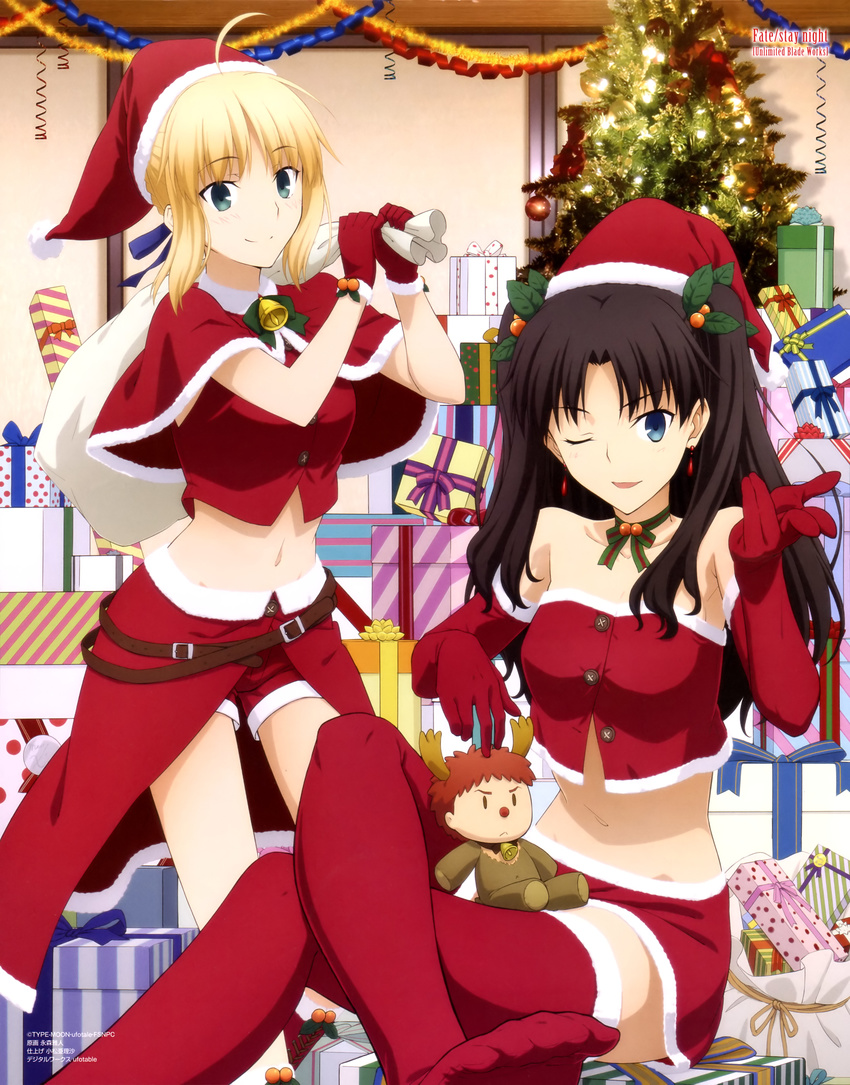 ;d absurdres ahoge artoria_pendragon_(all) belt bobblehat box character_doll christmas christmas_tree crossed_legs emiya_shirou fate/stay_night fate_(series) feet garland_(decoration) gift gift_box hair_ribbon hat highres indoors looking_at_viewer midriff multiple_girls nagamori_masato navel no_shoes official_art one_eye_closed open_mouth over_shoulder parted_lips red_legwear red_nose ribbon saber sack santa_costume santa_hat scan shorts sitting smile stuffed_animal stuffed_reindeer stuffed_toy thighhighs toosaka_rin two_side_up zettai_ryouiki