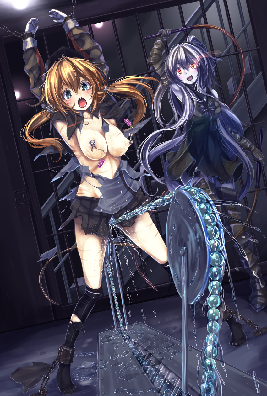 aircraft_carrier_oni arms_up bdsm blonde_hair blue_eyes blush bondage bound chain cuffs femdom hat highres kantai_collection long_hair monikano multiple_girls nipple_clamps open_mouth prinz_eugen_(kantai_collection) pussy_juice rope_walking sex_machine shinkaisei-kan tears twintails very_long_hair whip white_hair yuri