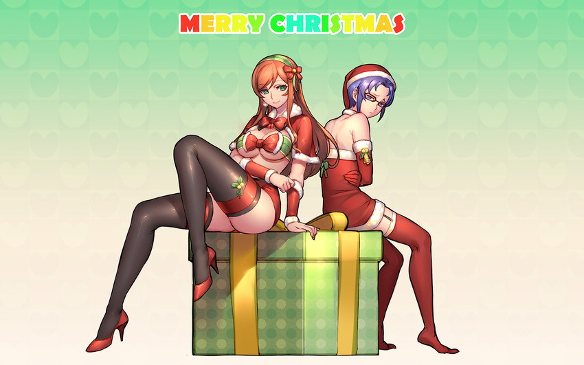 1girl blue_eyes breasts choker christmas cleavage crossdressing garter_straps gift glasses gundam gundam_build_fighters gundam_build_fighters_try headband high_heels highres kamiki_mirai kousaka_yuuma large_breasts leg_up legs long_hair long_legs merry_christmas orange_hair purple_eyes purple_hair ryushin santa_costume short_hair sitting thighhighs thighs underboob