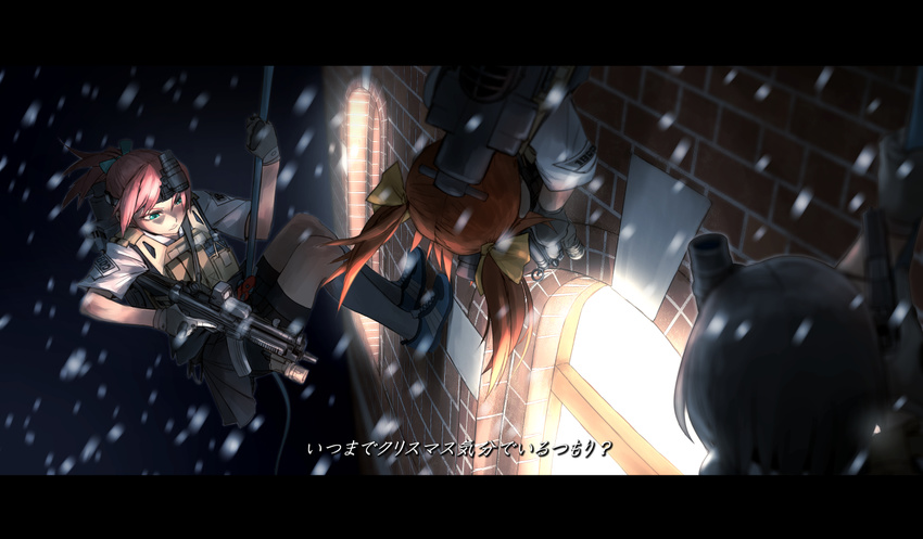 aiming bike_shorts black_hair bow brown_hair building commentary_request dark didloaded flashlight green_eyes gun h&amp;k_mp5 hair_bow heckler_&amp;_koch kagerou_(kantai_collection) kantai_collection kuroshio_(kantai_collection) letterboxed load_bearing_vest multiple_girls night pink_hair ponytail rappelling rope shiranui_(kantai_collection) short_sleeves shorts shorts_under_skirt skirt snow snowing submachine_gun translated trigger_discipline twintails upside-down weapon window