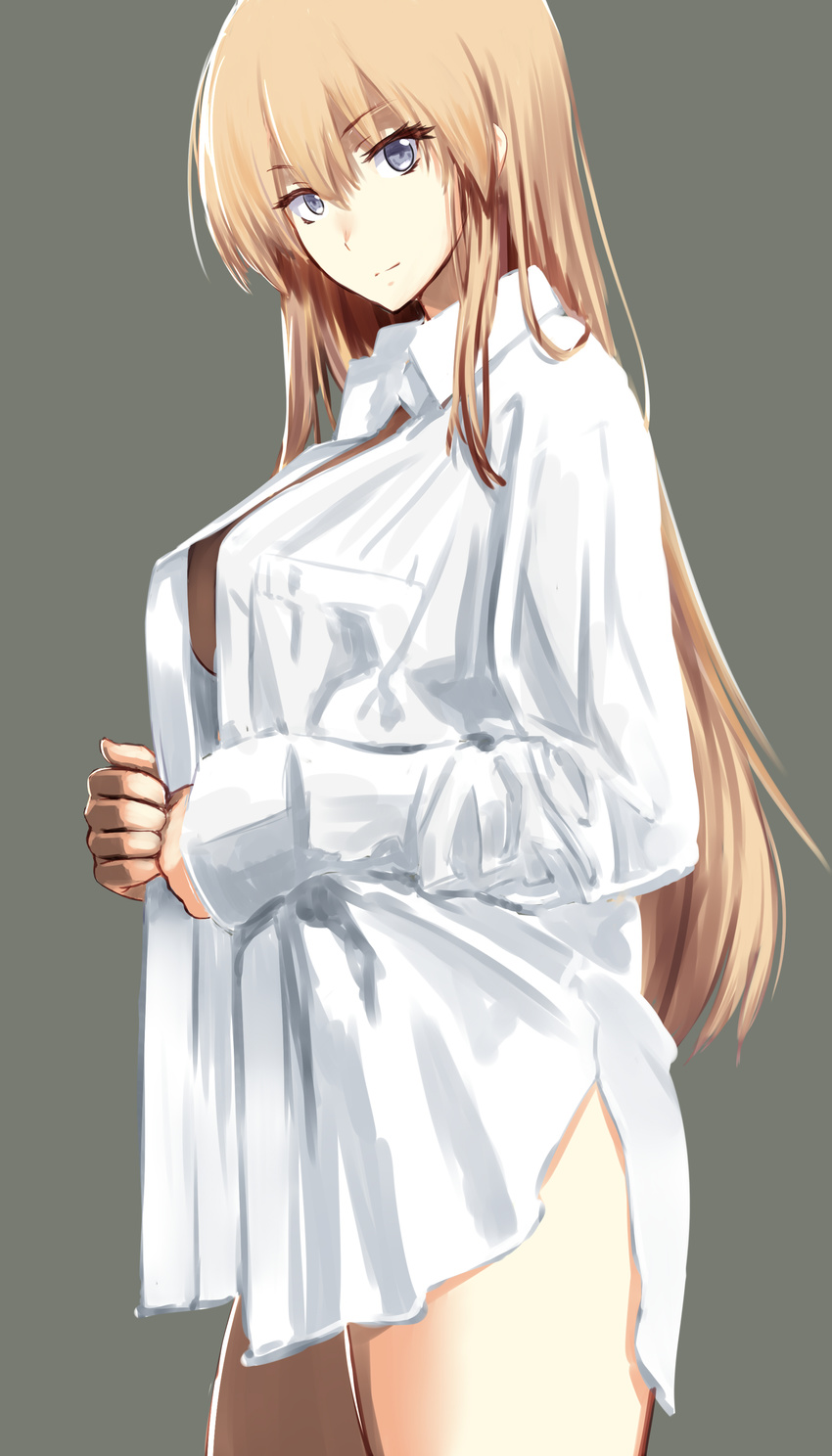 absurdres alternate_costume bismarck_(kantai_collection) blonde_hair blue_eyes breasts cowboy_shot grey_background highres kantai_collection large_breasts long_hair looking_at_viewer naked_shirt shirt simple_background solo takamura_wamu thighs