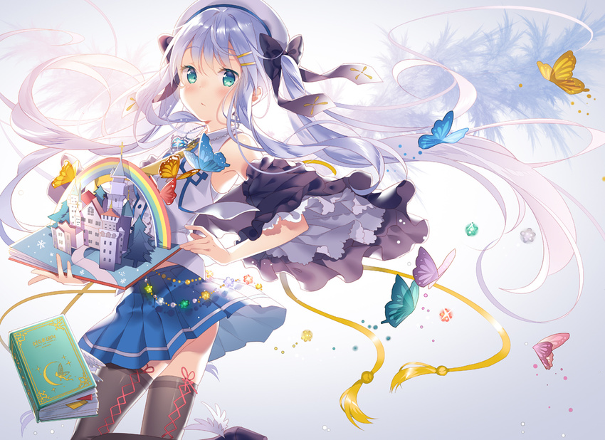 aqua_eyes blue_hair book bow butterfly hat long_hair original rie_(reverie) skirt skirt_lift thighhighs