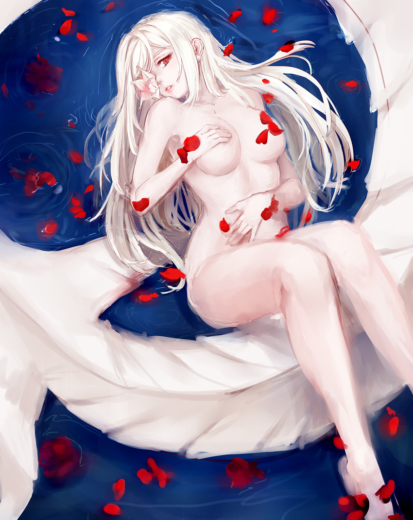 breasts convenient_censoring covering covering_breasts drag-on_dragoon drag-on_dragoon_3 drawfag flower flower_eyepatch head_tilt highres large_breasts lips long_hair lying mikhail_(drag-on_dragoon) nose nude on_back pale_skin petals red_eyes solo water white_hair zero_(drag-on_dragoon)