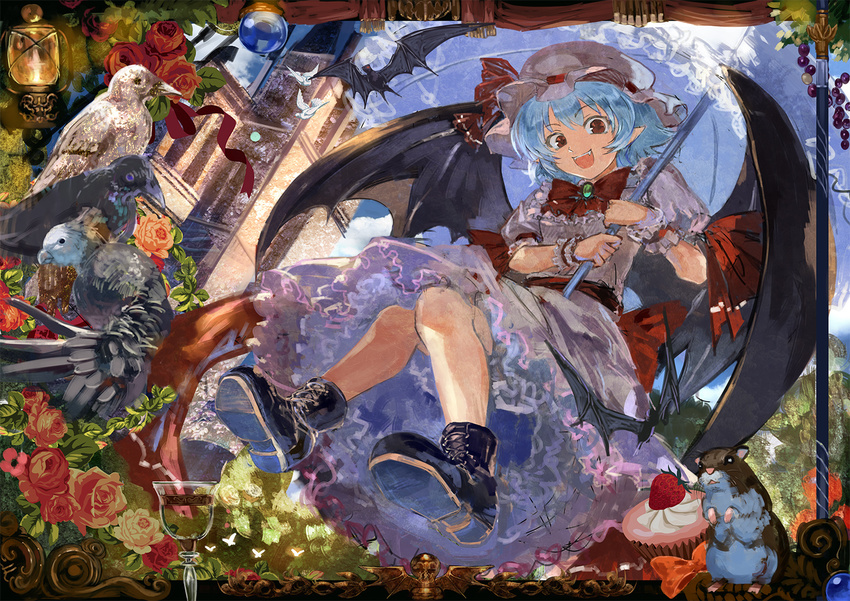 bat bat_wings bird blue_hair boots dress fang flower hat mob_cap open_mouth parasol pointy_ears puffy_short_sleeves puffy_sleeves red_flower red_rose remilia_scarlet rose sash scarlet_devil_mansion short_sleeves smile solo touhou ultimate_asuka umbrella white_dress wings wrist_cuffs