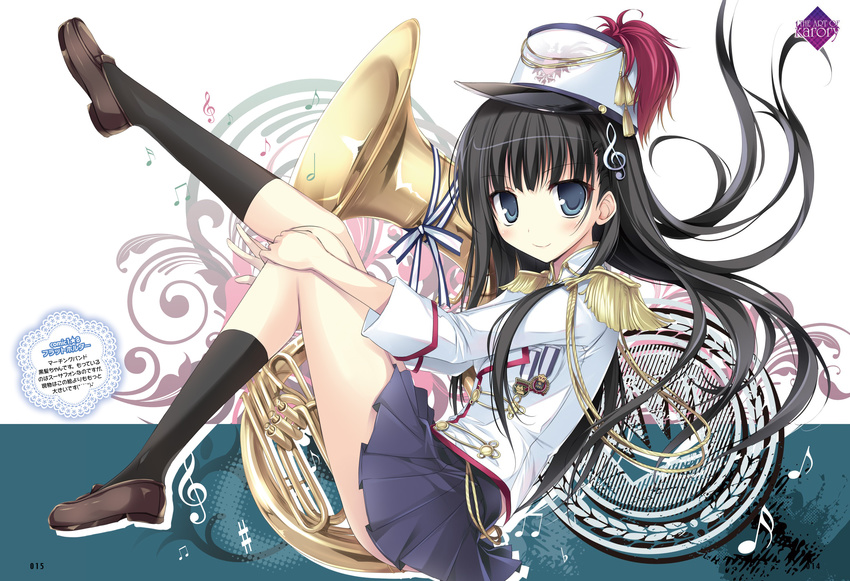 band_uniform beamed_eighth_notes black_hair black_legwear blue_eyes eighth_note epaulettes flat_sign hair_ornament half_note hat highres instrument karory kneehighs leg_up loafers long_hair medal musical_note sharp_sign shoes sixteenth_note skirt socks solo sousaphone treble_clef