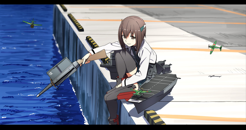 aircraft airplane bad_id bad_nicoseiga_id black_legwear bow_(weapon) brown_eyes brown_hair commentary_request crossbow flight_deck harbor headgear kantai_collection kinosuke_(sositeimanoga) knee_up letterboxed machinery sitting smile solo taihou_(kantai_collection) thighhighs water weapon