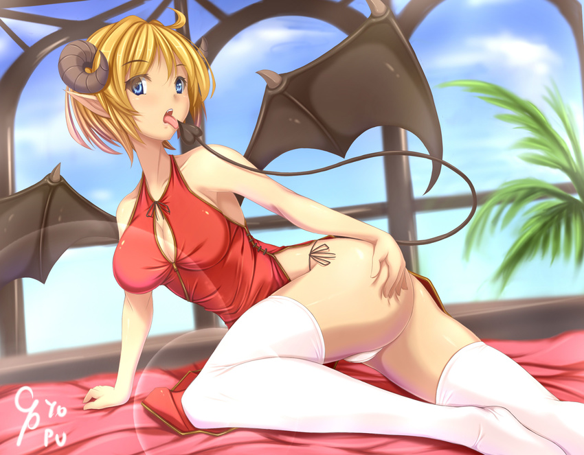 ass bat_wings bed_sheet blonde_hair blue_eyes blush breasts china_dress chinese_clothes cleavage cleavage_cutout cyoppu demon_girl demon_tail dress highres horns large_breasts licking open_mouth original panties pointy_ears sheep_horns short_hair solo tail tail_licking thighhighs tongue tongue_out underwear white_legwear white_panties wings