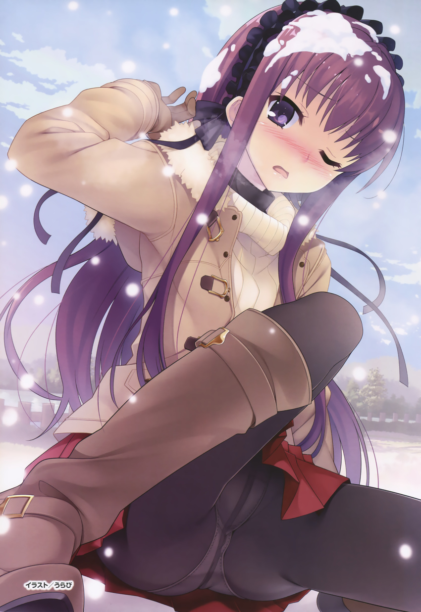 1girl blush highres shishigatani_ushio snow solo tokeijikake_no_ley_line unisonshift urabi wince