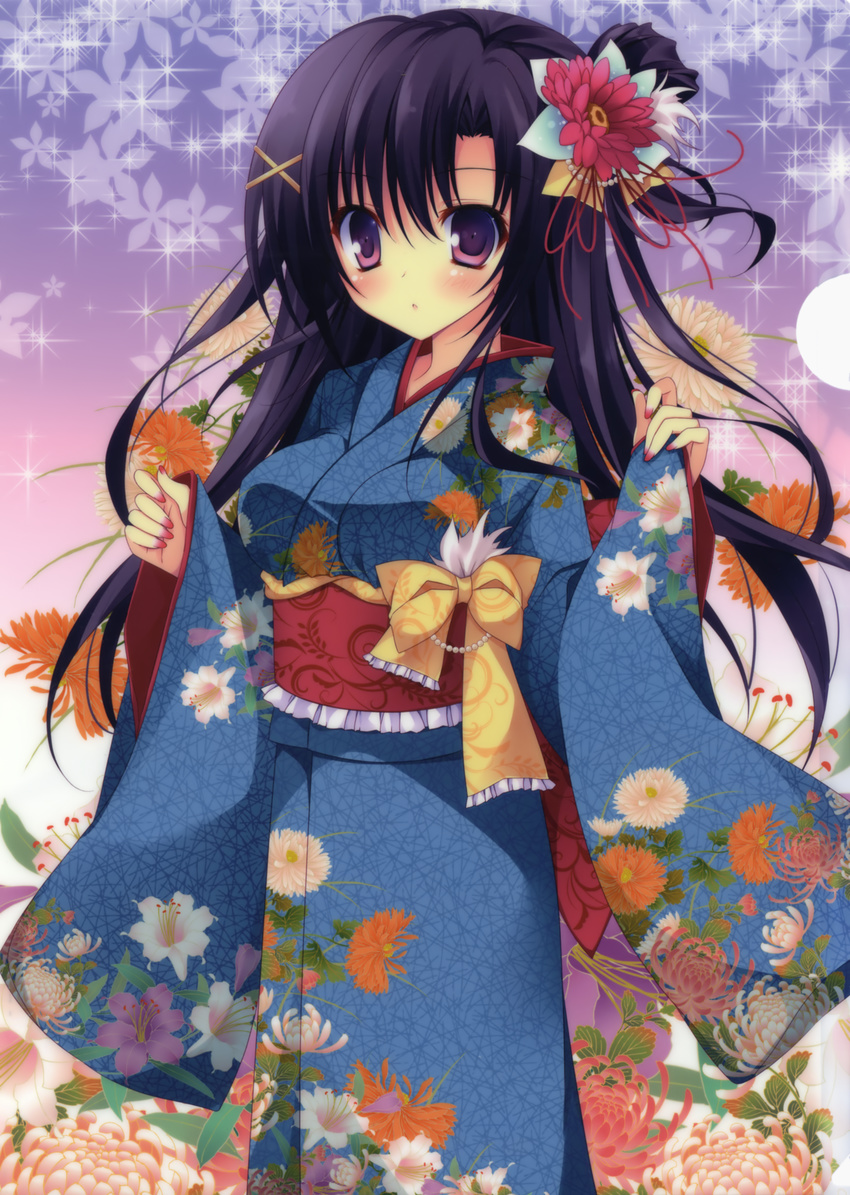 absurdres black_hair copyright_request hair_ornament hairclip highres japanese_clothes kimono long_hair looking_at_viewer nanaroba_hana purple_eyes solo