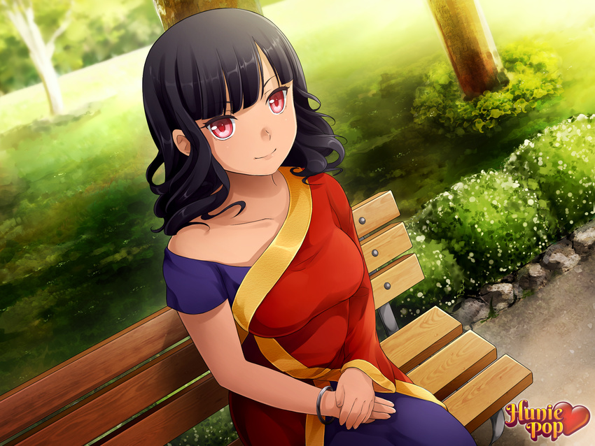 asymmetrical_clothes bangle bangs bare_shoulders beli_lapran bench black_hair blunt_bangs bracelet commentary dark_skin game_cg highres huniepop indian indian_clothes jewelry long_hair looking_at_viewer ninamo official_art park park_bench red_eyes sari smile solo watermark