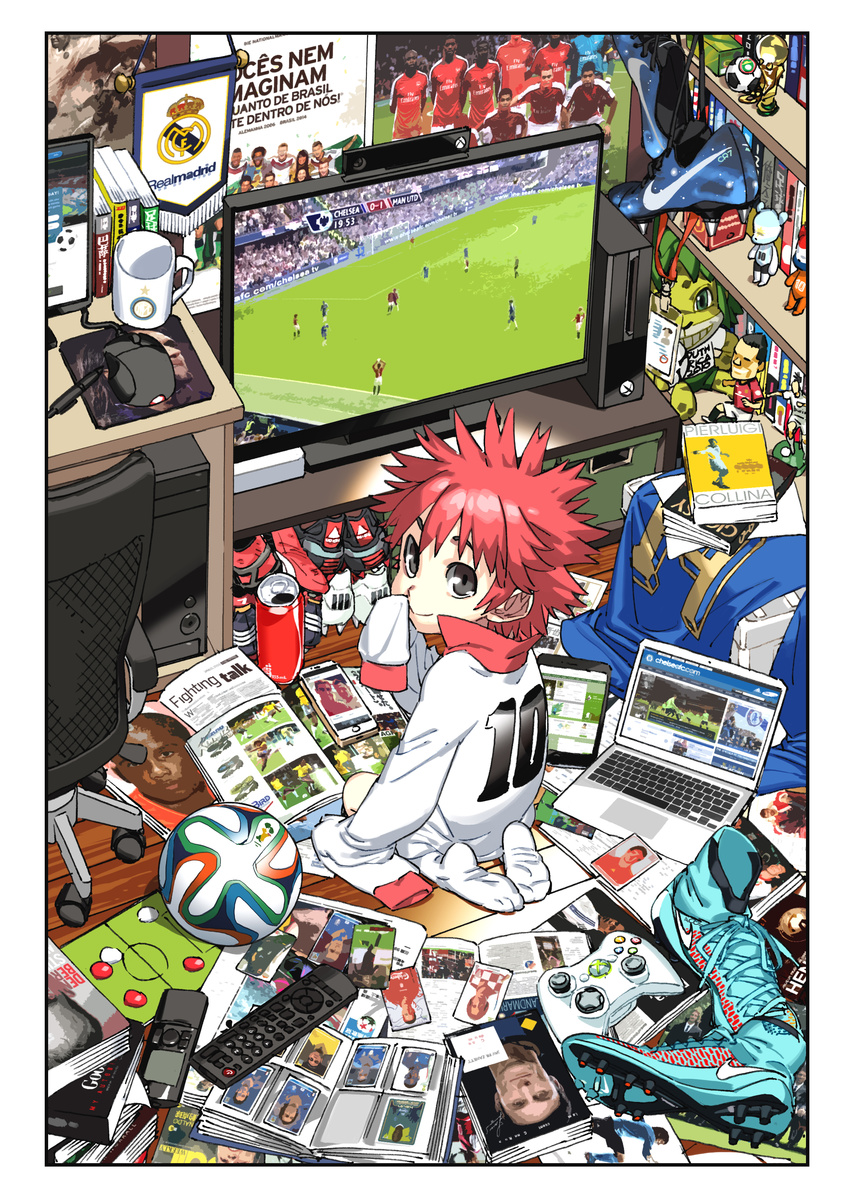 absurdres arsenal_fc ball black_eyes book brazuca chelsea_fc computer controller cup daibajoujisan fc_internazionale_milano field from_above game_console game_controller grass highres la_liga lanyard laptop looking_back male_focus manchester_united mouse_(computer) mousepad_(object) mug original oversized_clothes portuguese poster_(object) premier_league real_madrid red_hair remote_control serie_a shoes sitting soccer soccer_ball soccer_uniform solo sportswear stadium television xbox