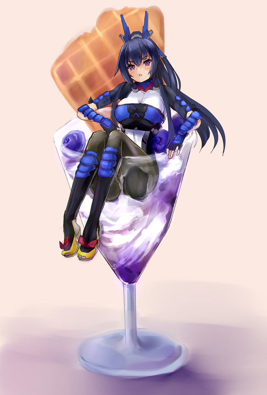 black_footwear black_hair blueberry blush bodysuit boots breasts ch2o chestnut_mouth fingerless_gloves food fruit glass gloves hair_ornament hair_tubes highres honda_futayo in_food knee_boots kyoukaisenjou_no_horizon large_breasts long_hair minigirl parfait partially_submerged ponytail purple_eyes sitting solo vambraces waffle