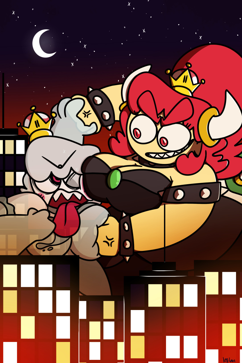 2018 alternate_species animal_humanoid anthro big_breasts blush boo_(mario) bowser bowsette_meme breast_punch breasts building chocker city clothed clothing crossgender crown detailed_background digital_media_(artwork) dragon dress duo female ghost hair horn huge_breasts humanoid humanoidized jewelry king_boo koopa leoafterhours lizard macro mammal mario_bros moon night nintendo not_furry open_mouth outside punch punching red_eyes reptile scalie sharp_teeth size_difference sky smile spirit star starry_sky super_crown teeth thick_thighs tongue tongue_out video_games white_hair