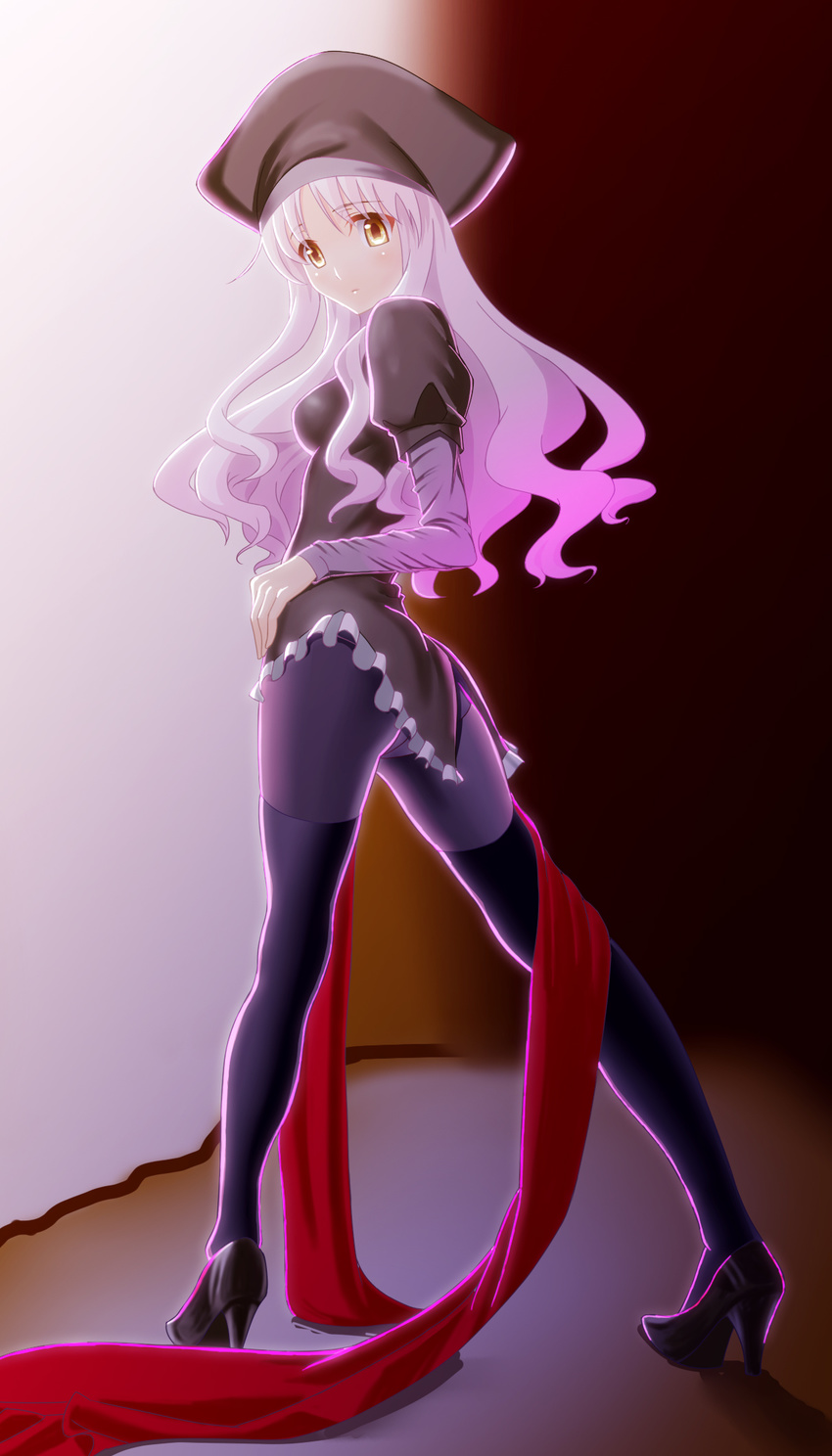 black_legwear breasts caren_hortensia fate/hollow_ataraxia fate_(series) from_behind full_body hat highres layered_sleeves long_hair looking_at_viewer looking_back pantyhose photo-referenced pumps purple_hair purple_legwear sash shroud_of_magdalene small_breasts solo standing taka_(takahirokun) thighhighs thighhighs_over_pantyhose very_long_hair yellow_eyes