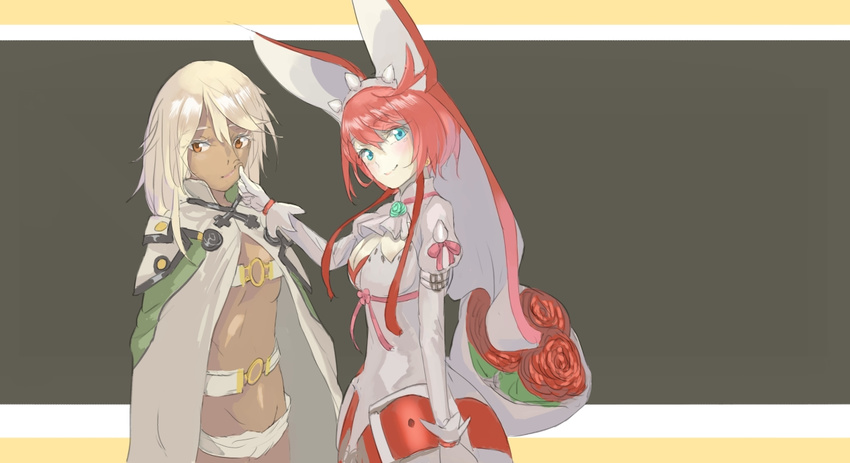 bad_id bad_pixiv_id blue_eyes bouquet cape dress elphelt_valentine flower forced_smile gloves guilty_gear guilty_gear_xrd multiple_girls pink_hair ramlethal_valentine short_hair siblings sisters smile tin078 veil white_hair yellow_eyes