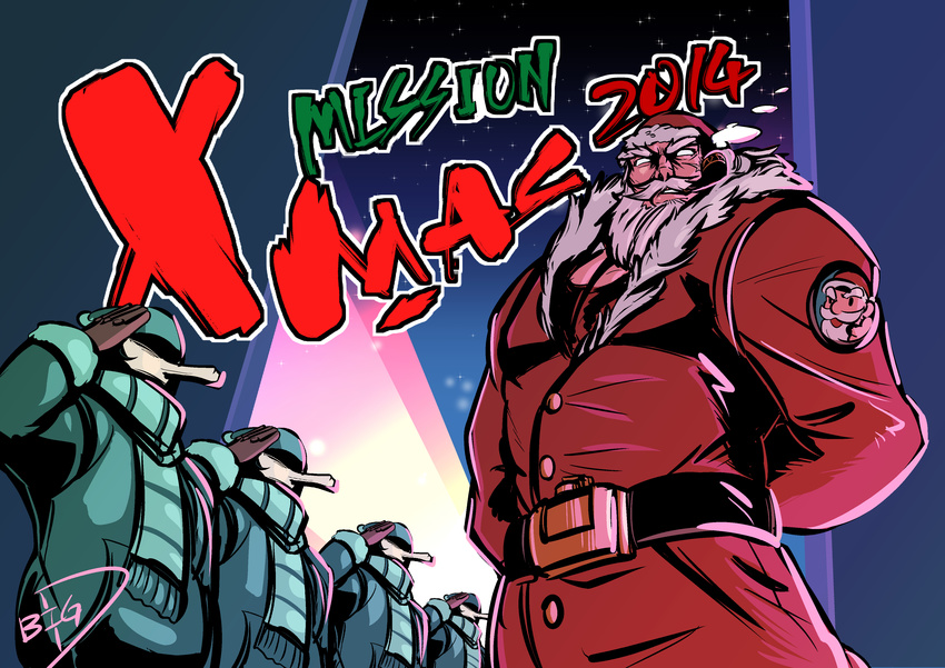 5boys absurdres arms_behind_back beard belt big-d christmas facial_hair highres manly military multiple_boys no_pupils salute santa_claus scarf solo_focus white_hair