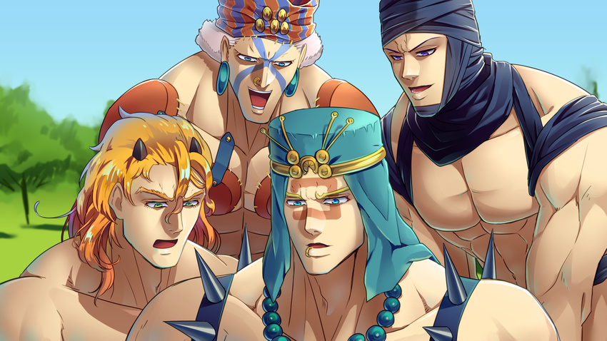 battle_tendency blonde_hair blue_eyes esidisi facial_mark fuchima green_eyes hat head_scarf horns jojo_no_kimyou_na_bouken kars_(jojo) long_hair multiple_boys purple_eyes santana_(jojo) tattoo wamuu white_hair