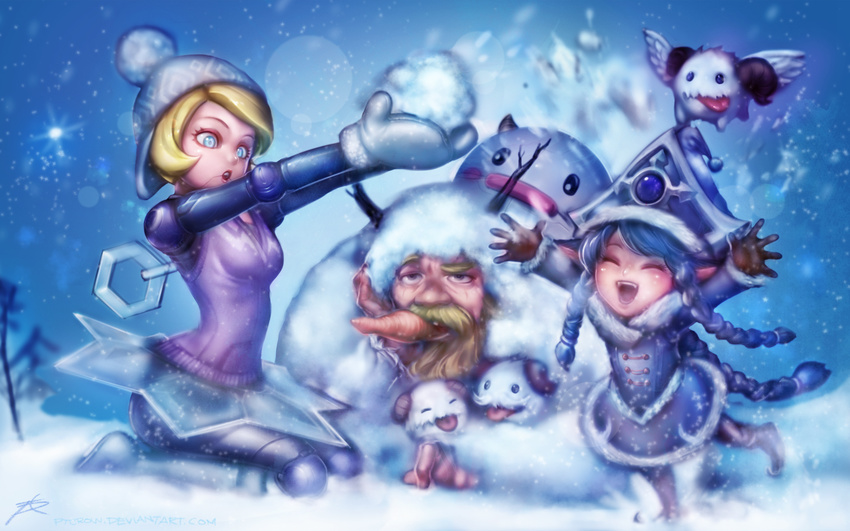 2girls alternate_costume blonde_hair blue_eyes blue_hair boots carrot commentary fur_boots highres knee_boots league_of_legends lulu_(league_of_legends) mouth_hold multiple_girls olaf_(league_of_legends) orianna_reveck phantom_ix_row poro_(league_of_legends) snow snowman white_footwear winter_clothes winter_wonder_lulu winter_wonder_orianna