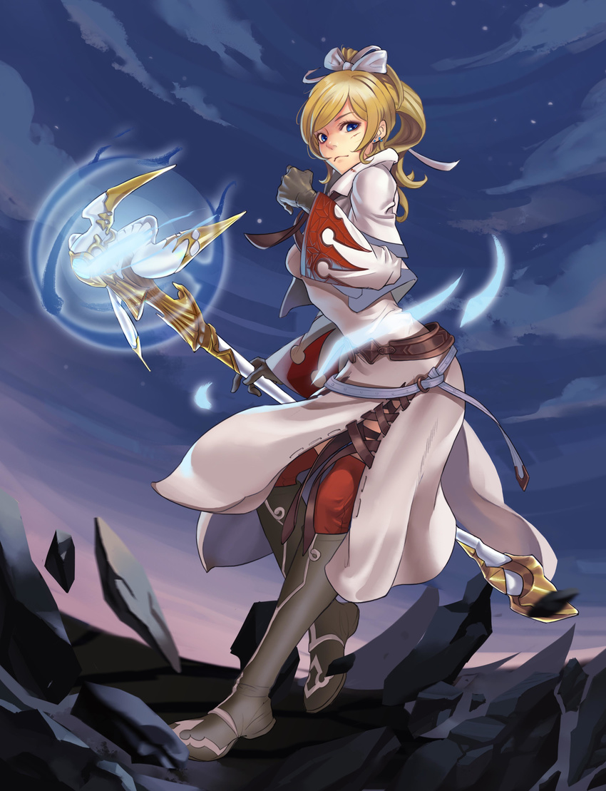 absurdres alternate_costume ayase_eli blonde_hair blue_eyes boots capelet cosplay energy_ball final_fantasy final_fantasy_xiv from_side gloves grey_footwear gyodoufu highres hood knee_boots looking_at_viewer love_live! love_live!_school_idol_project ponytail robe short_hair solo staff white_coat white_mage