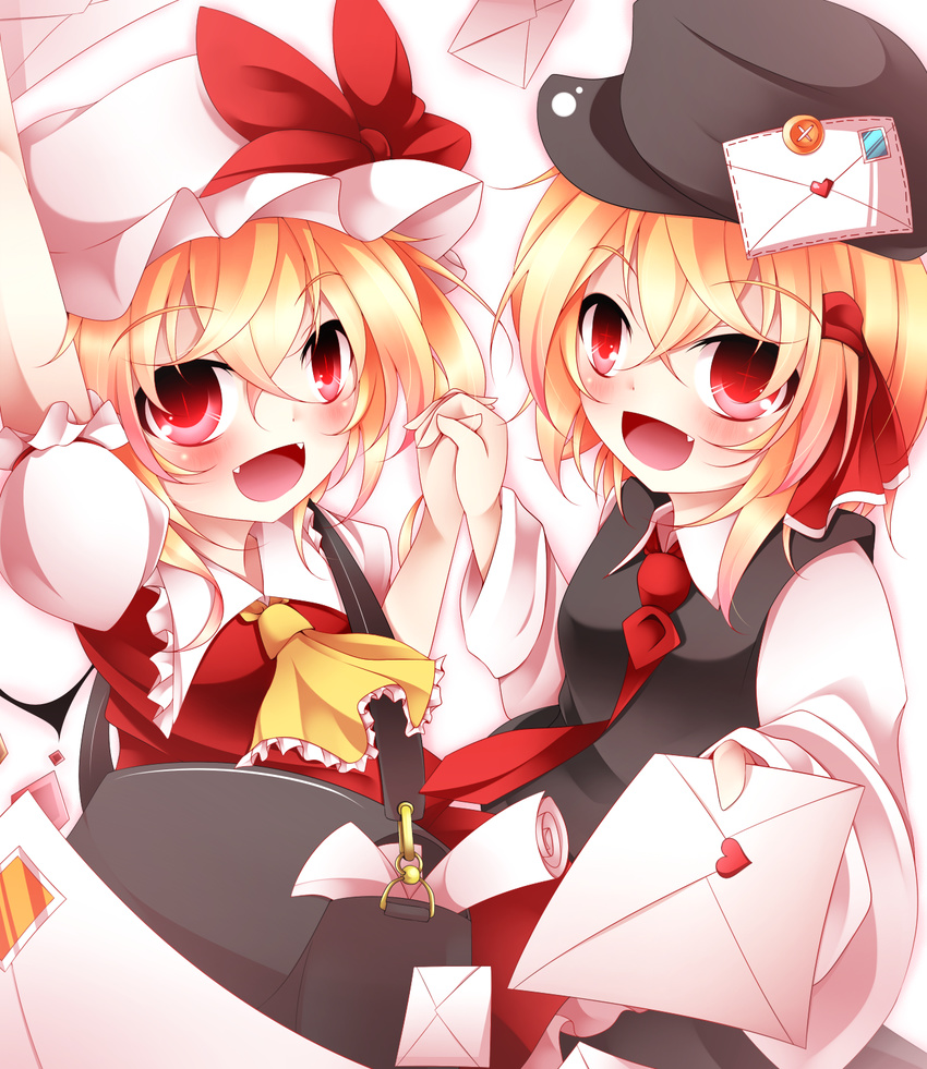 ascot bag blonde_hair dress fang fangs flandre_scarlet frills hat highres kuroyume_(dark495) letter long_sleeves love_letter mob_cap multiple_girls necktie puffy_short_sleeves puffy_sleeves red_eyes red_neckwear ribbon rumia shirt short_sleeves touhou vest white_shirt wings