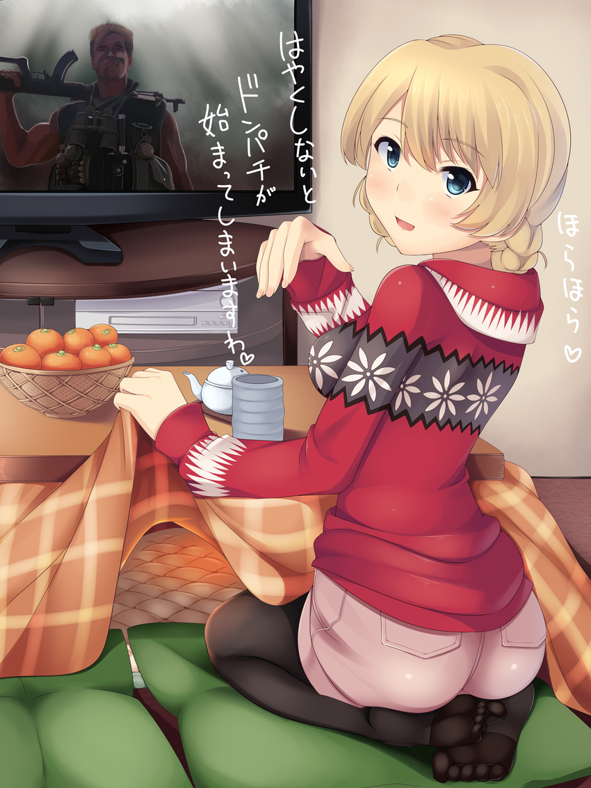 1girl arnold_schwarzenegger ass bad_id bad_pixiv_id black_legwear blonde_hair blue_eyes blush breasts commando_(movie) darjeeling feet food from_behind fruit girls_und_panzer highres hood hoodie kotatsu legwear_under_shorts looking_at_viewer mandarin_orange medium_breasts nksk pantyhose seiza short_hair shorts sitting table television translation_request