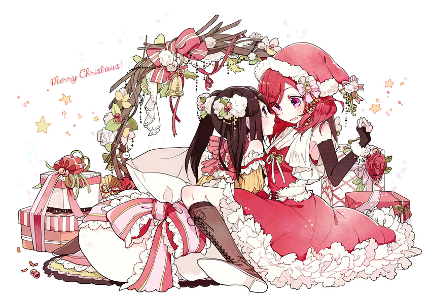 bare_shoulders bell black_hair blush boots bow brown_footwear cross-laced_footwear dress flower frills gift hair_bow hat highres knee_boots lace-up_boots love_live! love_live!_school_idol_project merry_christmas multiple_girls nishikino_maki purple_eyes red_eyes red_hair ribbon sack santa_costume santa_hat short_hair yazawa_nico yukiko_(tesseract)