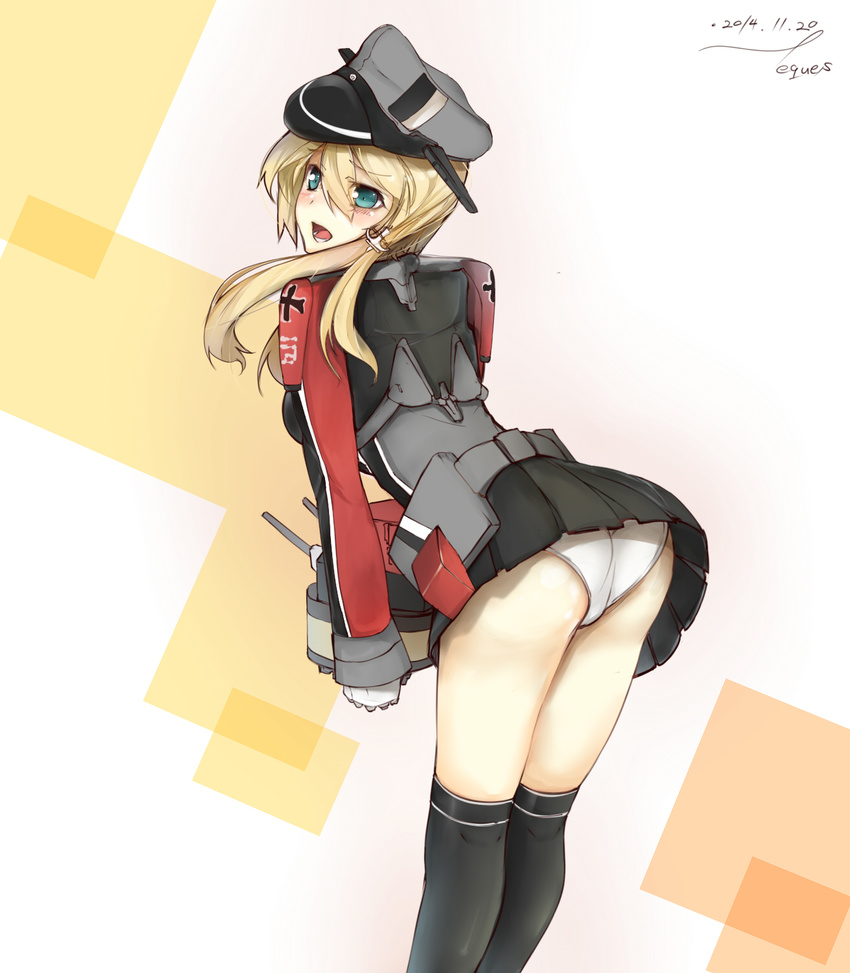 2014 anchor_hair_ornament aqua_eyes ass bad_id bad_pixiv_id black_legwear blonde_hair blush breasts cowboy_shot dated ekuesu from_behind gloves hair_ornament hat highres holding iron_cross kantai_collection kneepits leaning_forward long_sleeves looking_at_viewer looking_back low_twintails medium_breasts microskirt military military_uniform open_mouth panties peaked_cap pleated_skirt prinz_eugen_(kantai_collection) signature skirt solo standing thighhighs twintails underwear uniform white_gloves white_panties