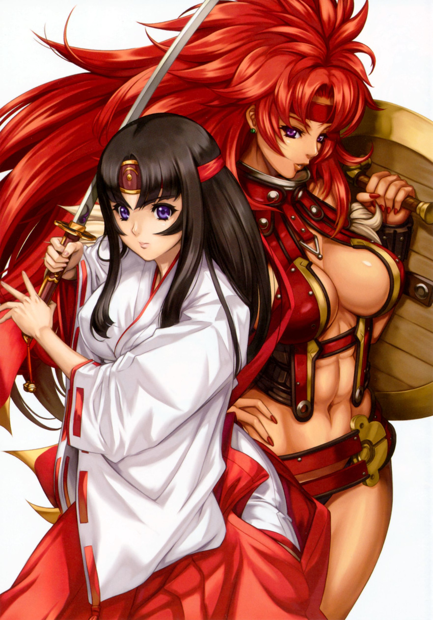 abs black_hair earrings highres jewelry katana long_hair miko multiple_girls muscle official_art purple_eyes queen's_blade queen's_blade red_hair risty shield standing sword tomoe weapon