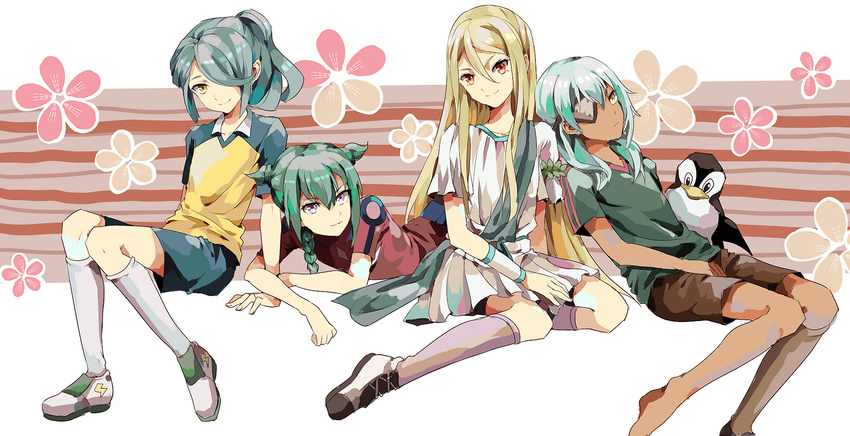 afuro_terumi aqua_hair bad_id bad_pixiv_id bird blonde_hair blue_hair braid brown_eyes eyepatch green_hair hair_over_one_eye highres inazuma_eleven inazuma_eleven_(series) junekun kazemaru_ichirouta lightning_bolt long_hair looking_at_viewer lying male_focus mistorene_callus multiple_boys ogre_(inazuma_eleven) on_stomach penguin ponytail purple_eyes raimon raimon_soccer_uniform sakuma_jirou shoes single_shoe sitting smile soccer_uniform sportswear teikoku_soccer_uniform very_long_hair yellow_eyes zeus_(inazuma_eleven)