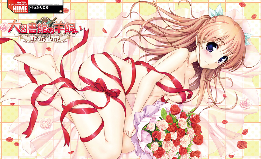 absurdres barefoot bekkankou bouquet breasts brown_hair checkered checkered_floor cleavage convenient_censoring daitoshokan_no_hitsujikai flower highres looking_at_viewer lying medium_breasts naked_ribbon on_side petals purple_eyes red_ribbon ribbon rose rose_petals scan shirasaki_tsugumi solo tile_floor tiles