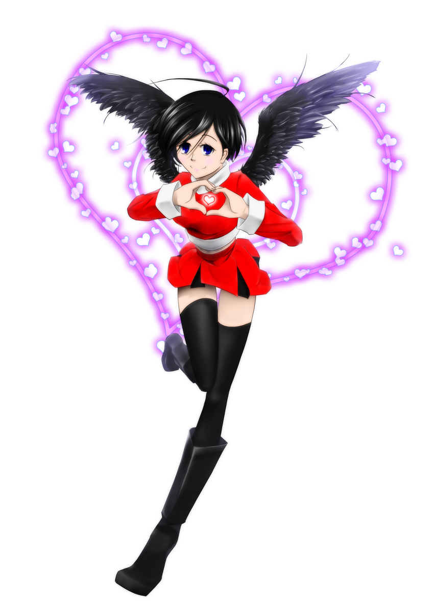 1girl black_hair blue_eyes boots christmas heart hearts highres kingdom_hearts santa_costume short_hair skirt thighhighs wings xion_(kingdom_hearts)