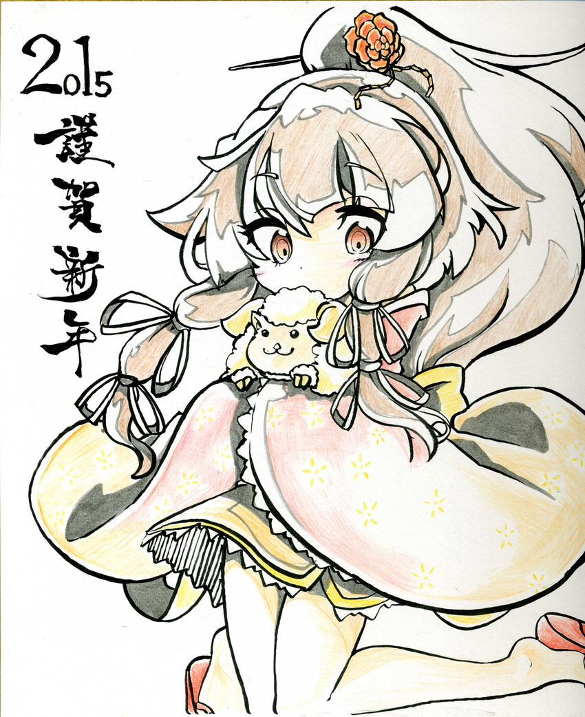 2015 absurdres bare_legs colored_pencil_(medium) gokuu_(acoloredpencil) hair_ornament hair_stick highres japanese_clothes jumping knees_together_feet_apart long_hair original ponytail red_eyes sandals sheep shikishi sidelocks solo traditional_media urara_(chikurin_chaya) white_hair wide_sleeves zashiki-warashi