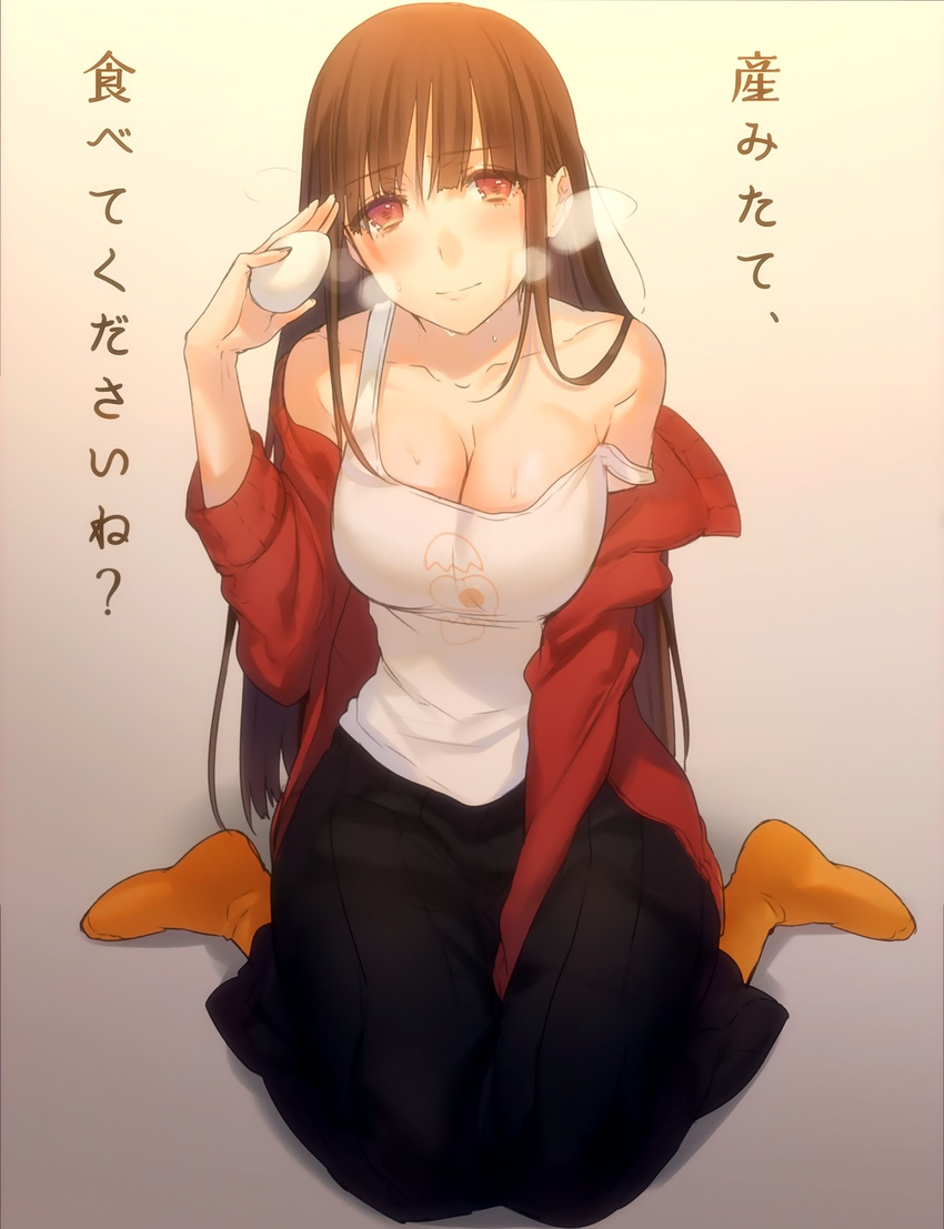 1girl bare_shoulders blush breasts brown_hair cleavage egg full_body highres kippu long_hair looking_at_viewer no-rin red_eyes sitting smile socks solo sweat