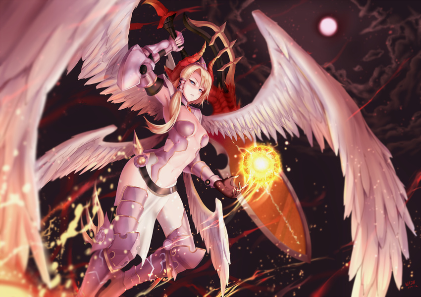 armor asymmetrical_hair bad_id bad_pixiv_id bikini_armor blonde_hair blue_eyes breasts center_opening cleavage cloud dragon_girl dragon_horns feathered_wings flying full_moon gauntlets gloves hair_tubes holding holding_sword holding_weapon horns huge_weapon long_hair medium_breasts minerva_(p&amp;d) moon multiple_wings navel parted_lips pauldrons pelvic_curtain puzzle_&amp;_dragons single_glove sky solo sword thighhighs weapon white_wings wings zeroshiki_kouichi