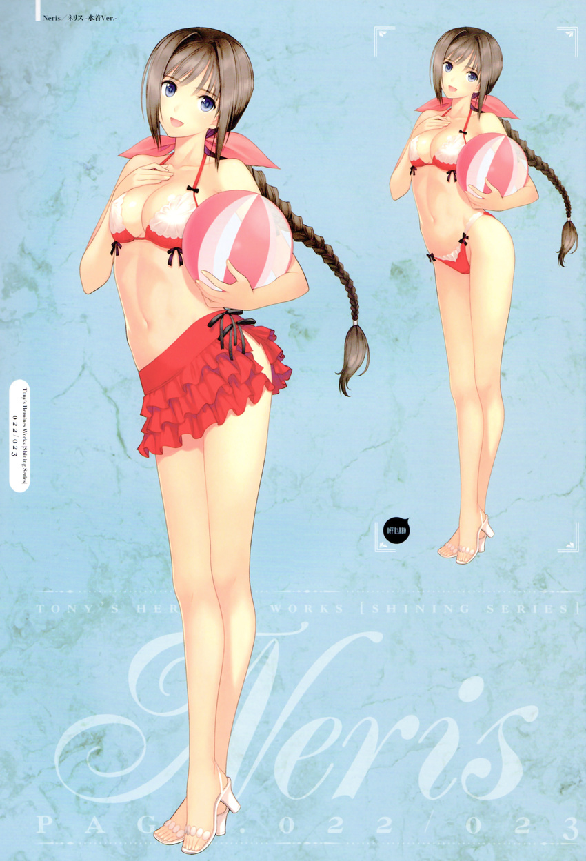 absurdres ball bare_legs beachball bikini_skirt blue_eyes braid breasts brown_hair cleavage contrapposto crossed_legs frilled_skirt frills full_body hand_on_own_chest highres long_hair long_legs looking_at_viewer medium_breasts navel neris_(shining_hearts) sandals shining_(series) shining_hearts skirt smile solo standing tanaka_takayuki very_long_hair