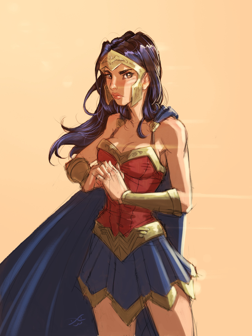 1girl amazon armor black_hair blue_cape cape dc_comics fist_in_hand long_hair looking_at_viewer pteruges simple_background solo vambraces wonder_woman wonder_woman_(series)