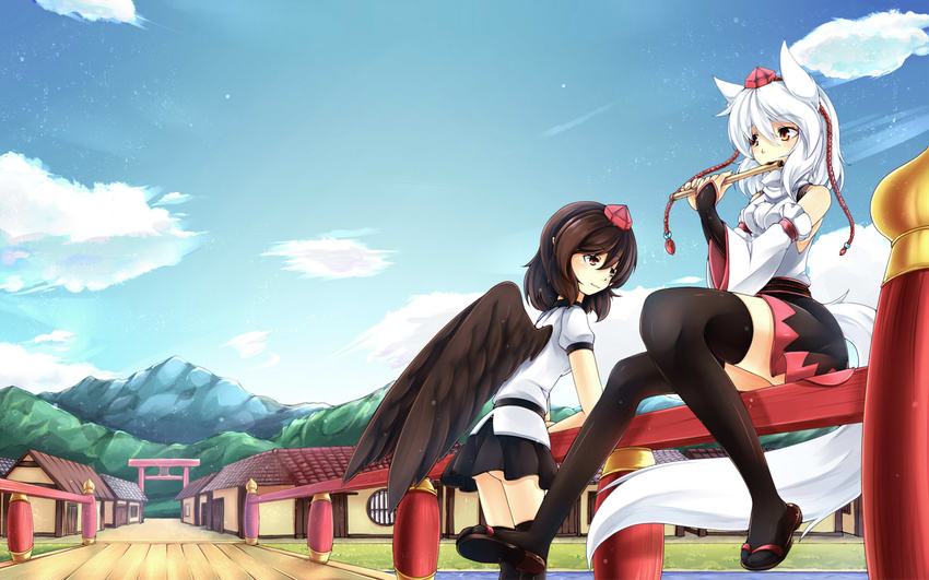 animal_ears bare_shoulders black_hair black_legwear black_wings breasts bridal_gauntlets bridge detached_sleeves flute hat highres instrument inubashiri_momiji inyuppo looking_at_another medium_breasts multiple_girls pointy_ears pom_pom_(clothes) red_eyes shameimaru_aya short_hair silver_hair sitting skirt tail thighhighs tokin_hat touhou wings wolf_ears wolf_tail