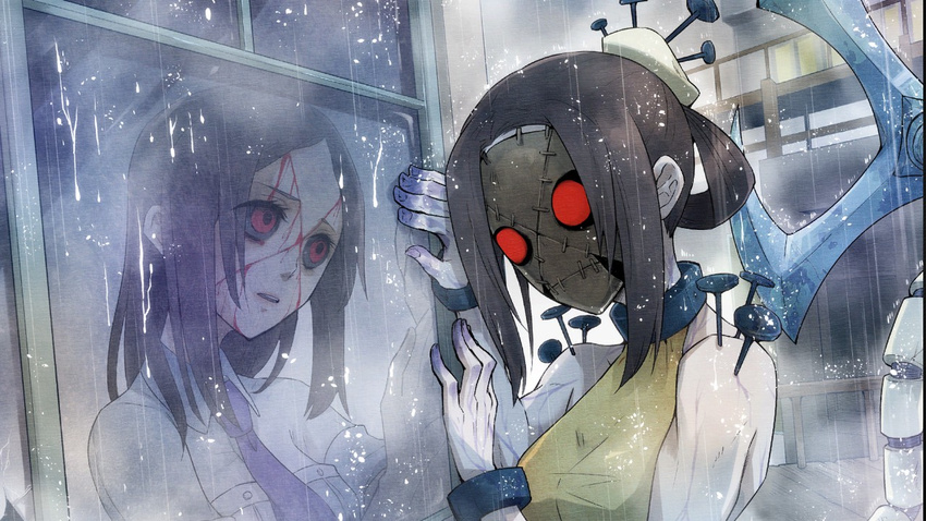 black_sclera blood brown_hair carol_(skullgirls) clothed collar dual_persona hato_moa mask nails painwheel_(skullgirls) rain red_eyes reflection scar school_uniform shackles skullgirls tie weapon window