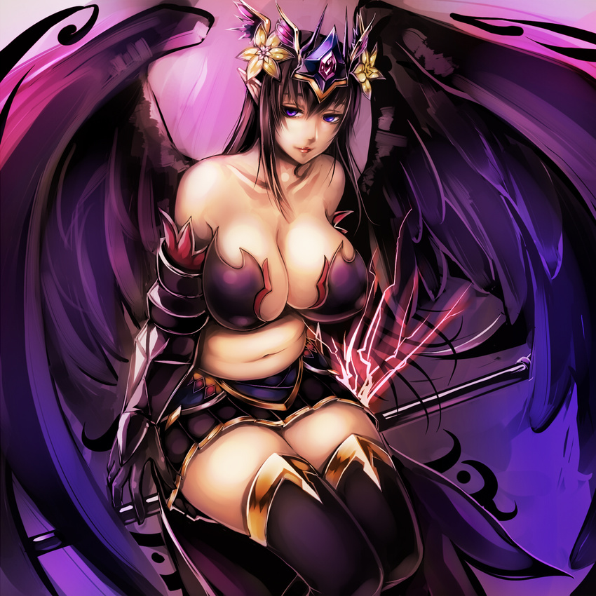 bare_shoulders black_hair breasts cleavage elbow_gloves flower gloves hair_flower hair_ornament highres large_breasts long_hair navel persephone_(p&amp;d) pointy_ears purple_eyes puzzle_&amp;_dragons skirt sukumo_(kemutai) thighhighs tiara wings