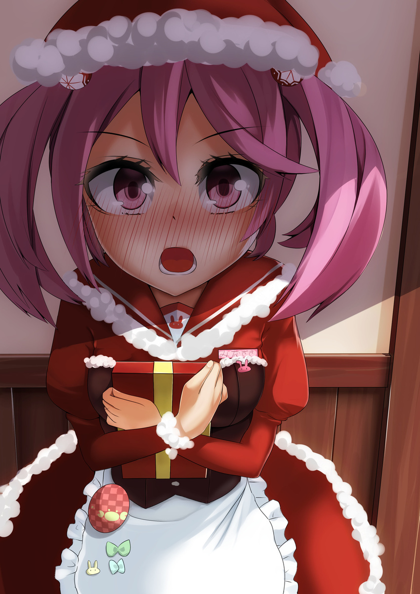 absurdres apron blush box christmas dress foreshortening full-face_blush fur_trim gift gift_box hair_bobbles hair_ornament hat highres kantai_collection long_sleeves looking_at_viewer luonawei maid maid_apron open_mouth pink_eyes pink_hair puffy_long_sleeves puffy_sleeves red_dress santa_costume santa_hat sazanami_(kantai_collection) twintails