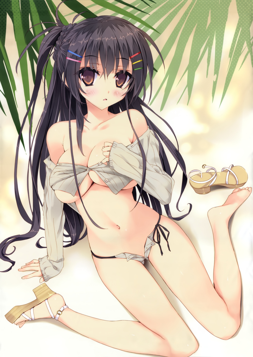 absurdres arm_support beach bikini bikini_bottom black_hair breasts brown_eyes chiisana_kanojo_no_serenade cleavage hair_ornament hairclip highres large_breasts leaf legs long_sleeves looking_at_viewer motosuwa_matsuri navel no_bra open_clothes open_fly open_vest outdoors palm_tree plant ribbed_sweater sand side-tie_bikini sitting sweater sweater_vest swimsuit tree tsurusaki_takahiro unbuttoned unzipped vest wariza