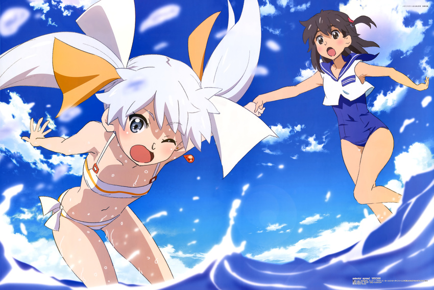 :o ;o absurdres bangs barefoot bent_over bikini bikini_under_clothes black_eyes black_hair blue_eyes blush cloud crop_top crop_top_overhang day earrings flat_chest friends hair_ribbon highres holding_hands jewelry kominato_ruuko legs megami multiple_girls non-web_source ocean official_art one_eye_closed one_side_up open_mouth outdoors outstretched_arm parted_bangs ribbon sakai_kyuuta scan school_swimsuit school_uniform selector_wixoss shirt short_hair side-tie_bikini side_ponytail single_earring sky standing striped striped_bikini swimsuit swimsuit_under_clothes tama_(wixoss) tankini twintails wading water wet white_hair wixoss