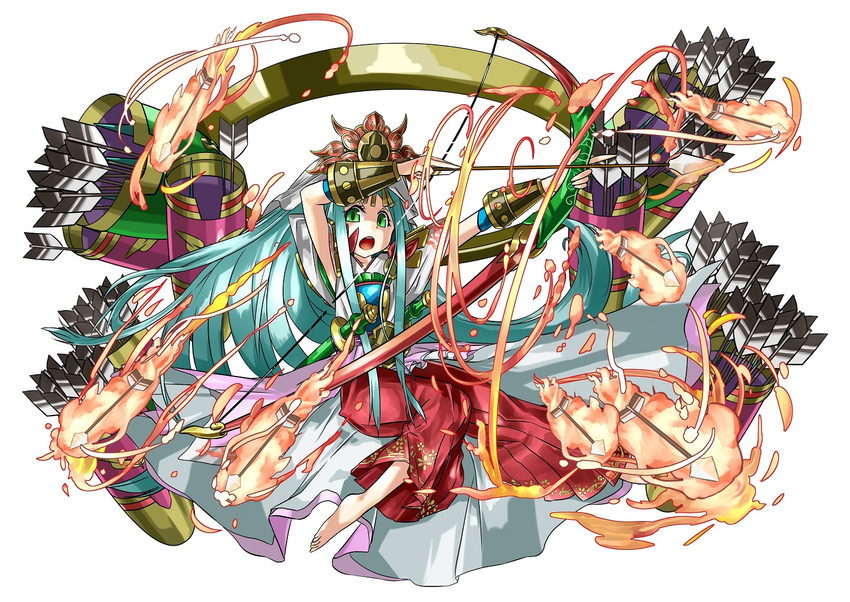 :o amaterasu_(p&amp;d) arrow barefoot blue_hair bow_(weapon) fire floral_print green_eyes hakama hakama_pants holding holding_weapon japanese_clothes kei_(keiclear) long_hair muneate open_mouth puzzle_&amp;_dragons quiver simple_background solo sword v-shaped_eyebrows very_long_hair weapon white_background